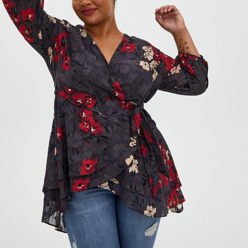 Torrid Dark Slate Grey Clip Floral Hi-Lo Wrap Blouse 3